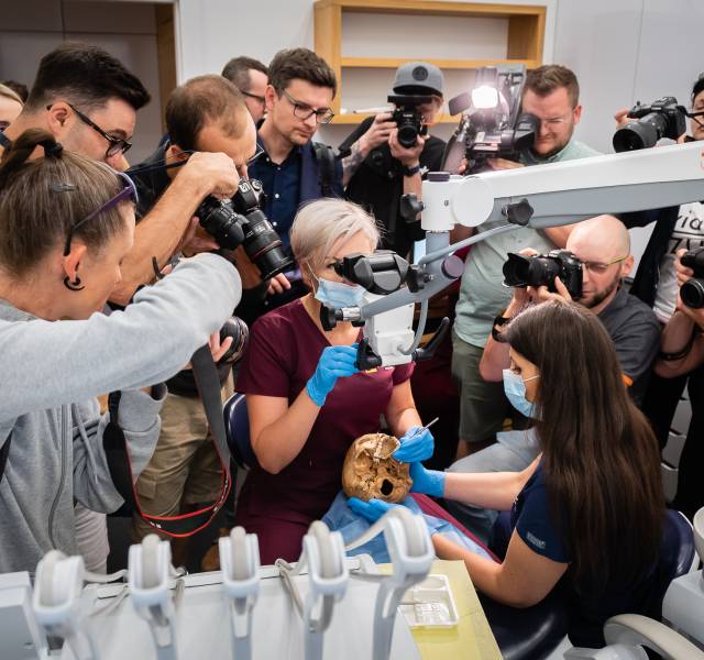 Dziennikarze z kamerami fotografują czaszkę na fotelu dentystycznym w Dentim Clinic